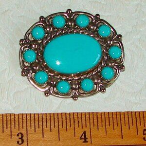 Vtg Bell Trading Post Brooch Pin, Faux Turquoise/Nickel Silver, 1970's  D18